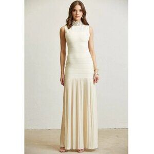 BLITHE Fitted Rhinestone Neck Knit Pleated Maxi Dress NWT, Size M